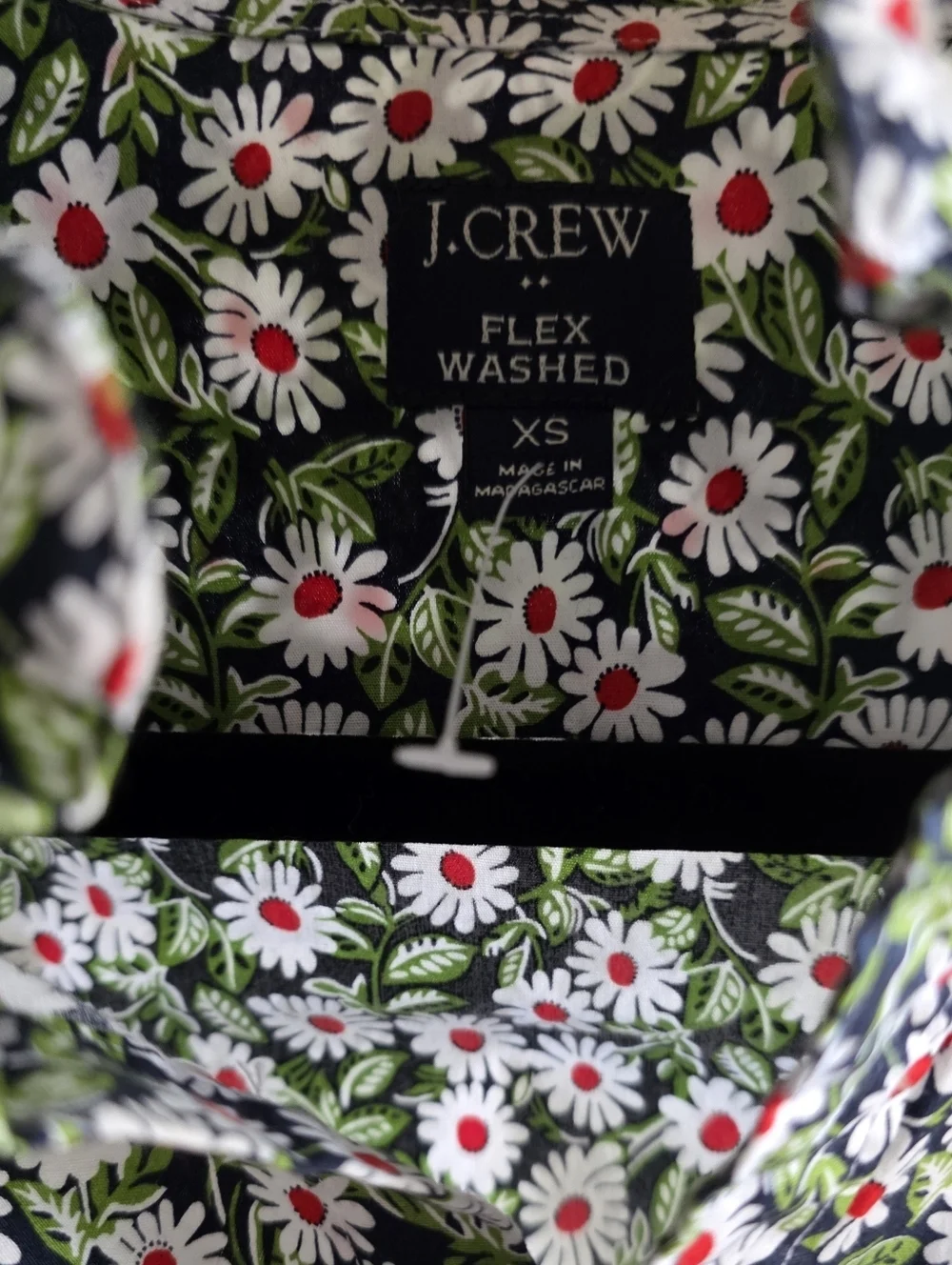 J. Crew Black Short-Sleeve Button-Up with White Daisies and Red Centers